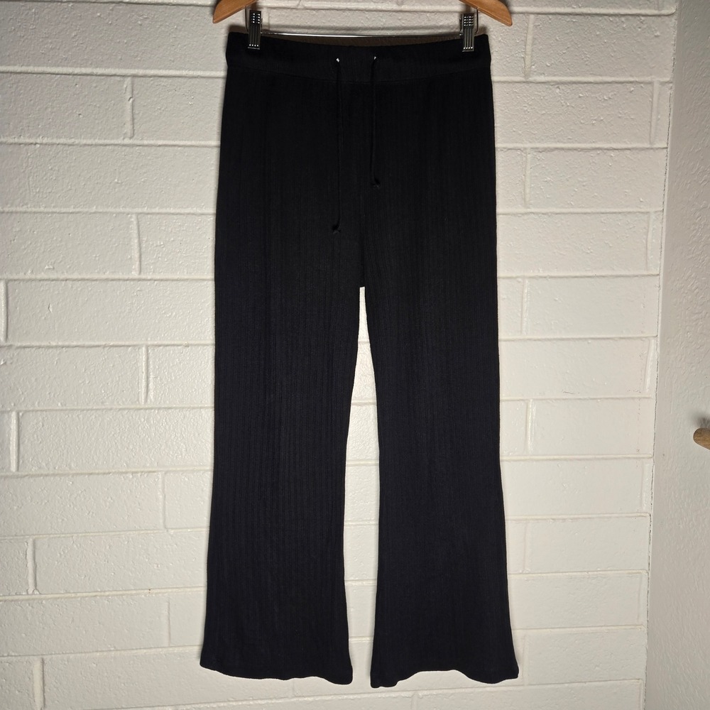 Fornia Ribbed Knit Lounge Pants XL Black Wide Leg Flare High Rise PJs Soft Sleep